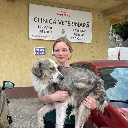 Eine Frau vor einer Klinik, trägt einen Hund