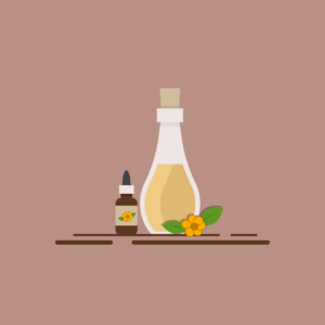 Illustration mit Flasche und Ölfläschen mit einer Blume