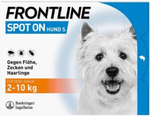 Frontline Spot on H 10 Lösung für Hunde. Verpackung mit glücklichem Hund